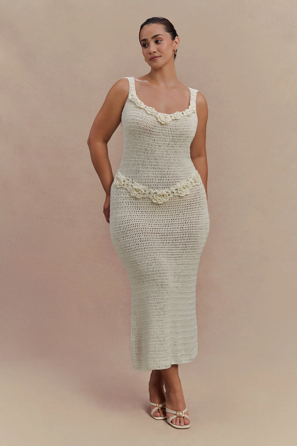 Teagan Floral Hand Crochet Midi Dress - Ivory