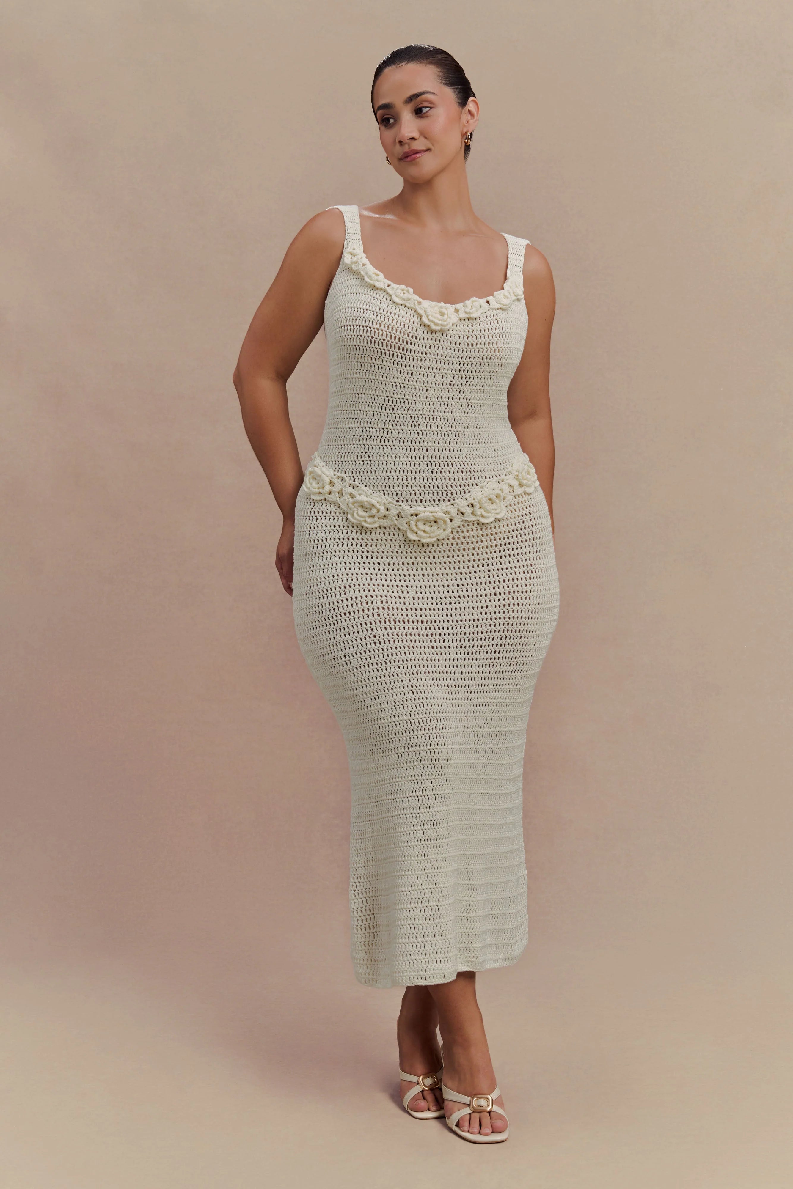 Teagan Floral Hand Crochet Midi Dress - Ivory