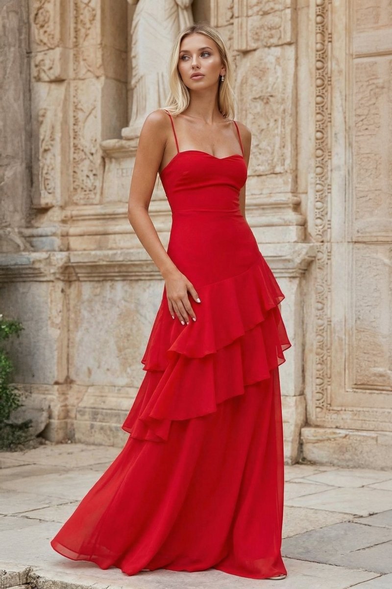 Red - Sheath Spaghetti Straps Chiffon Long Prom Dresses with Ruffles - KissProm