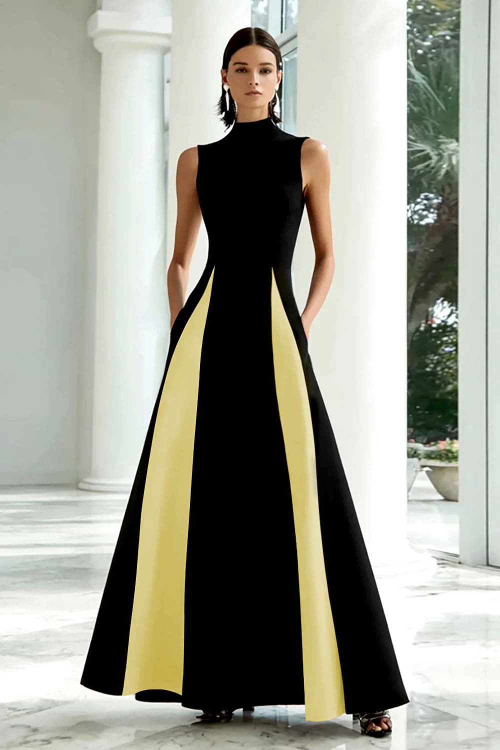 Black and White A-Line High Neck Long Formal Dress