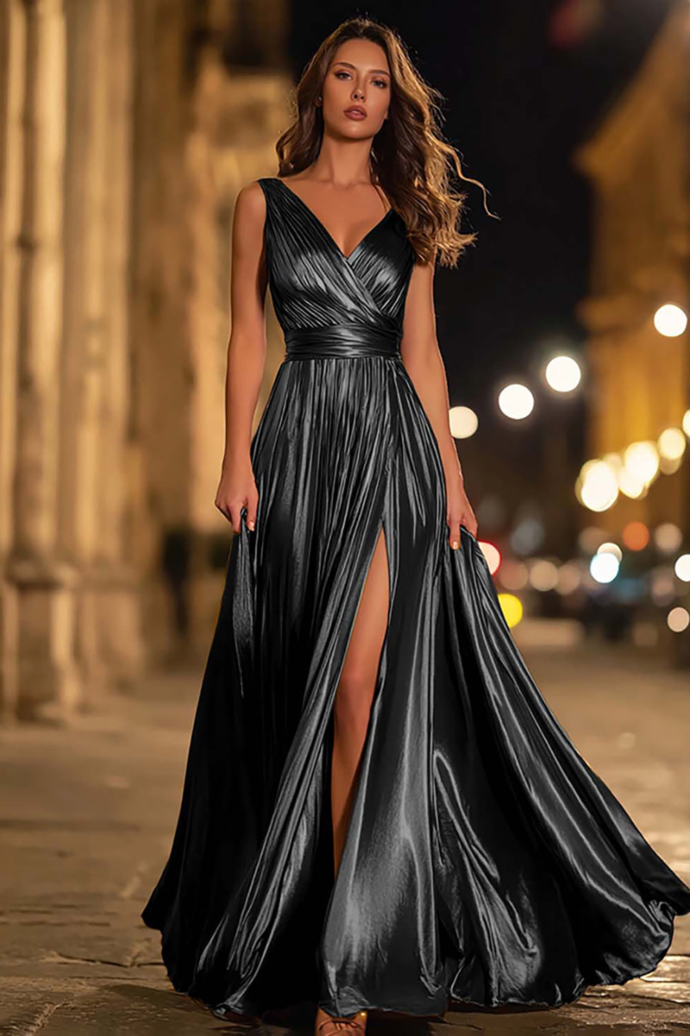 Sparkly Gold A-Line Metallic Ruched Pleated Long Formal Dress with Slit