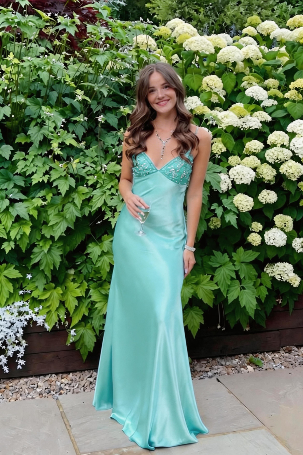 Beaded Blue Soft Satin Sheath Long Dress