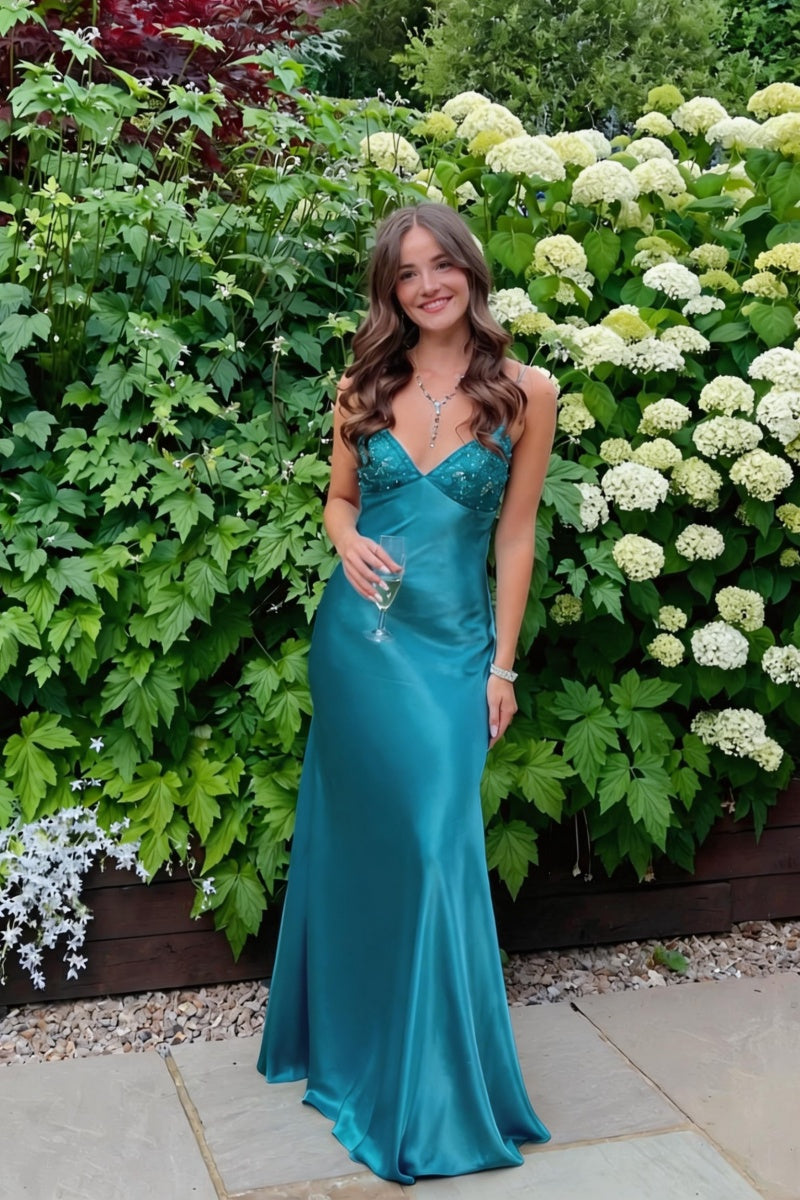 Beaded Blue Soft Satin Sheath Long Dress