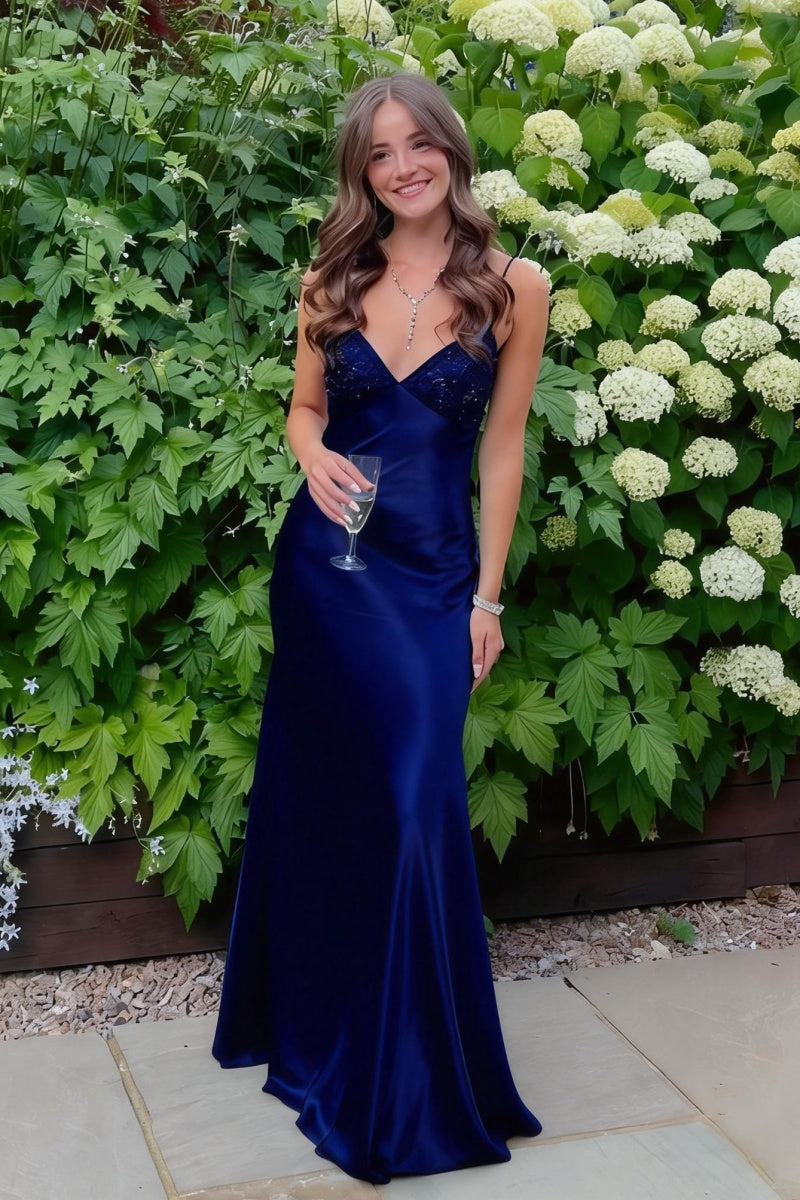 Beaded Blue Soft Satin Sheath Long Dress
