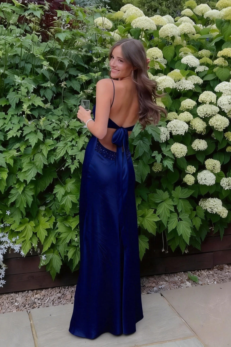 Beaded Blue Soft Satin Sheath Long Dress