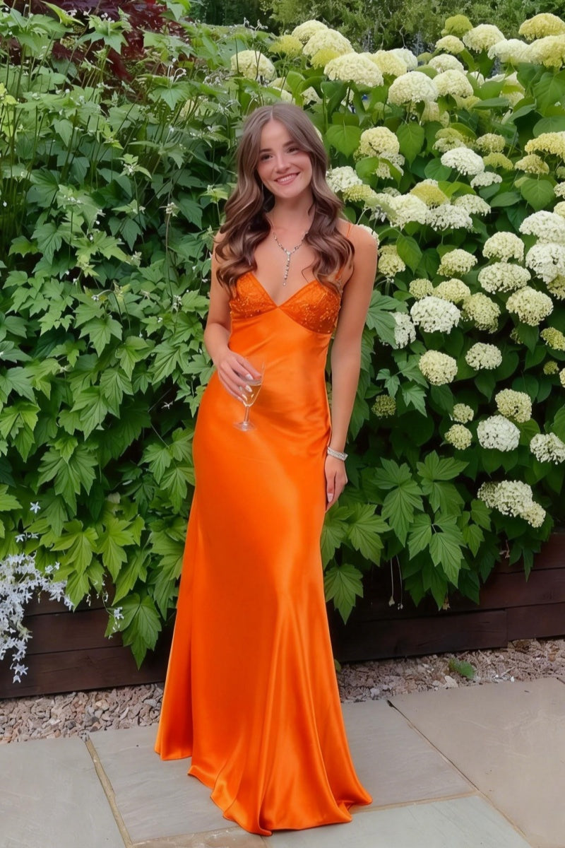 Beaded Blue Soft Satin Sheath Long Dress
