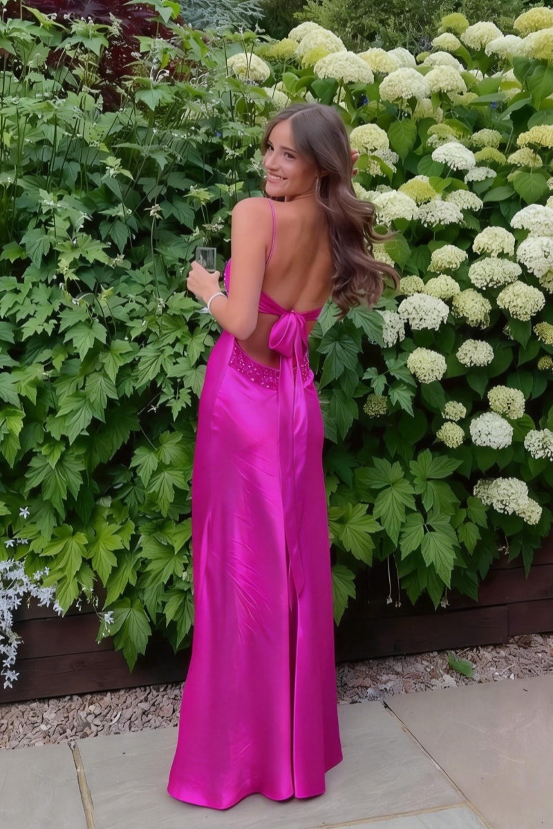 Beaded Blue Soft Satin Sheath Long Dress