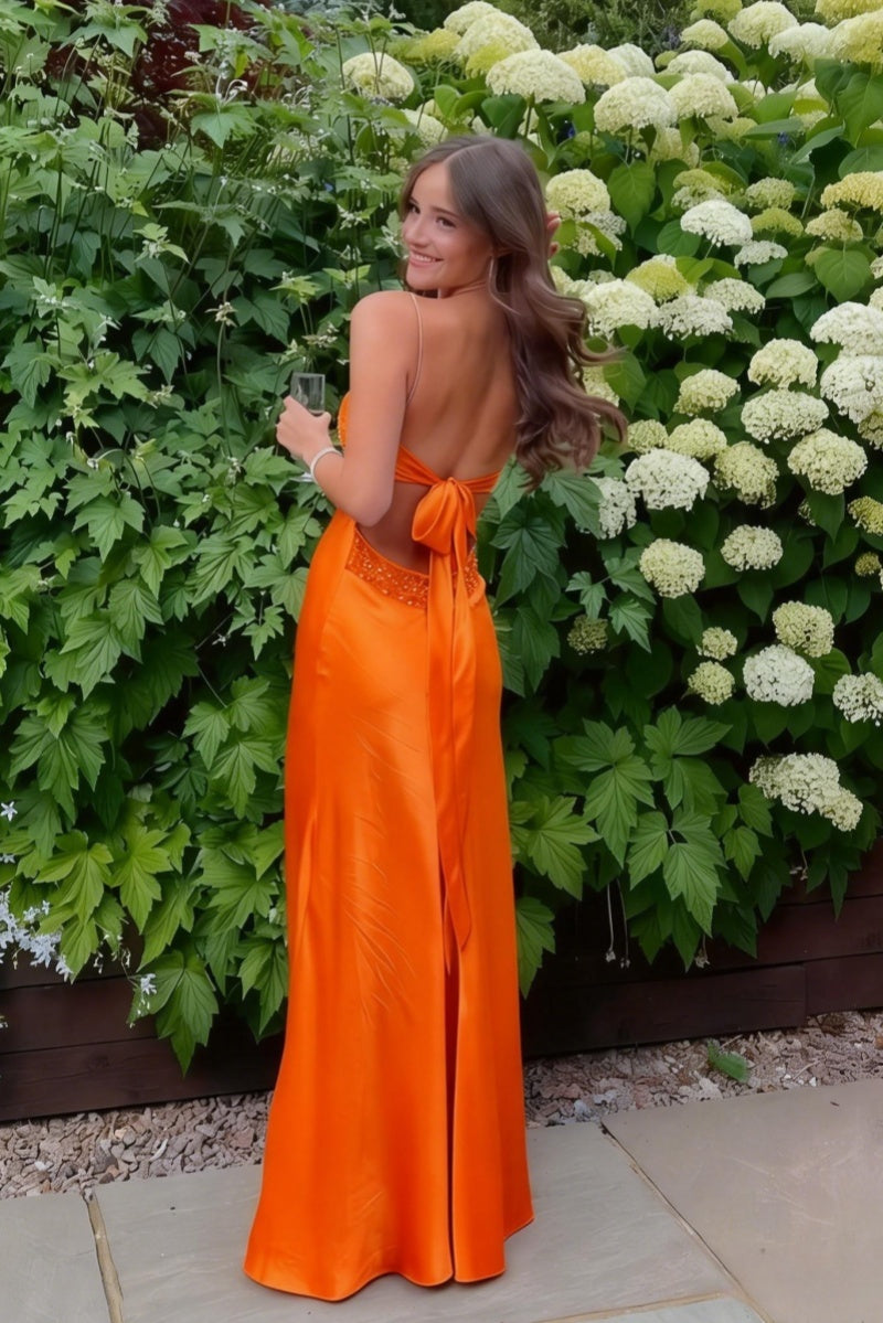 Beaded Blue Soft Satin Sheath Long Dress