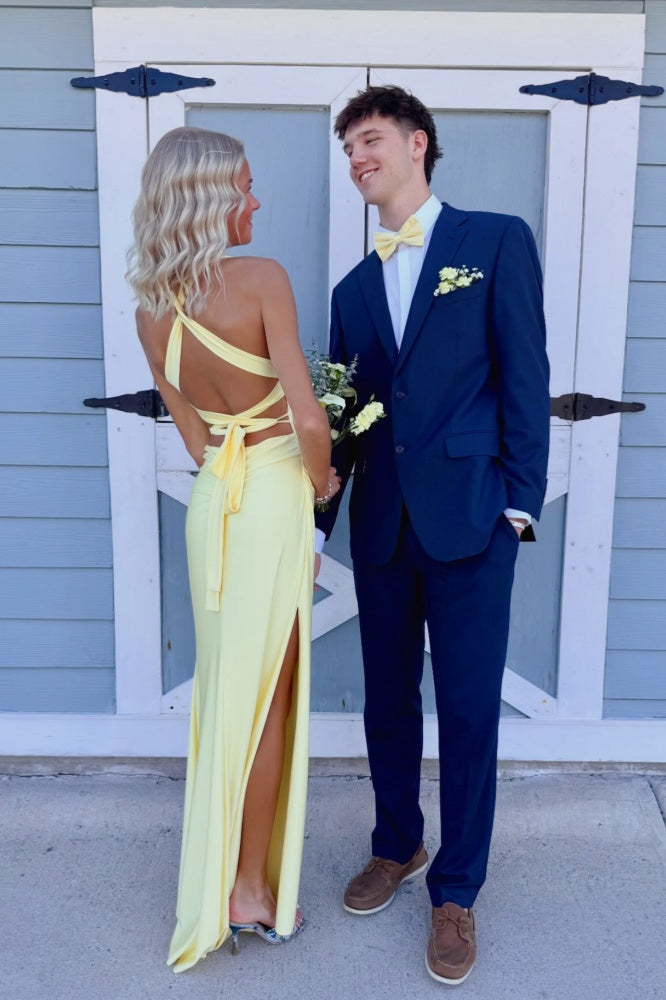 Straps V-Neck Yellow Satin Slit Party Dress