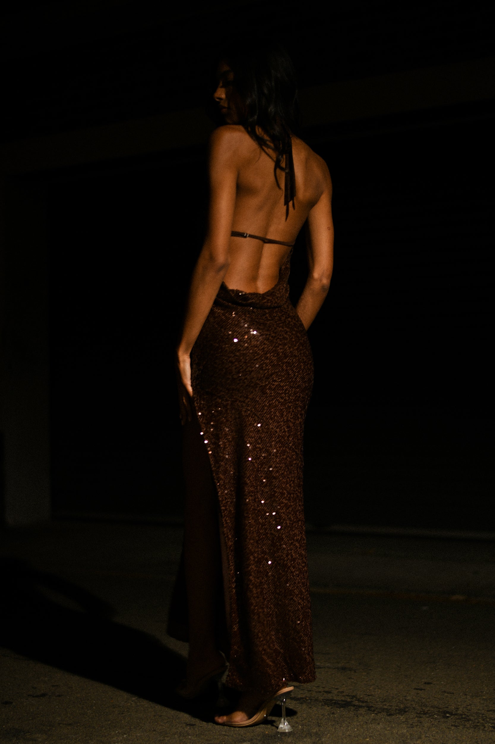 BLAKELY HALTER SEQUIN MAXI DRESS - DARK CHOCOLATE