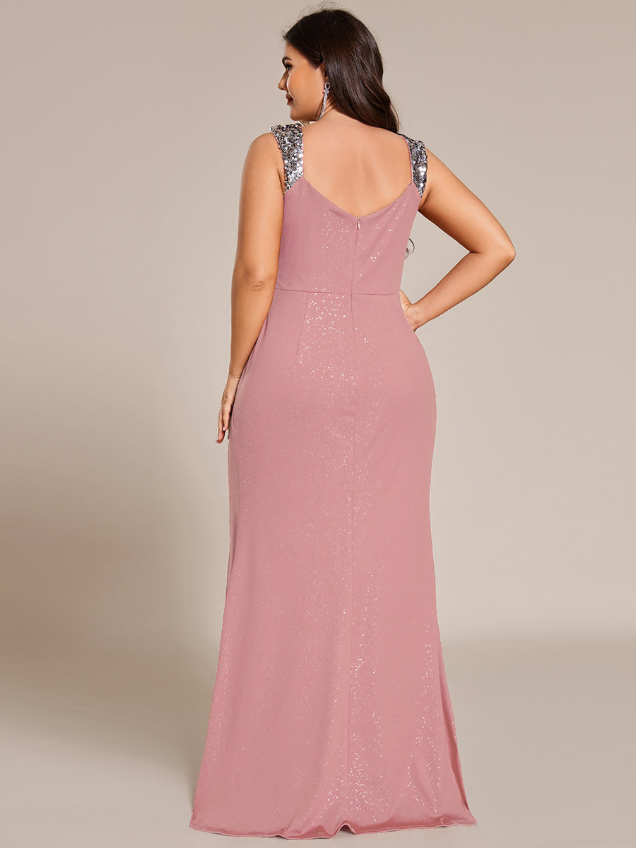 Plus Size Glitter V-Neck High Slit Sequin Shoulder Strap Evening Dress #color_Dusty Rose