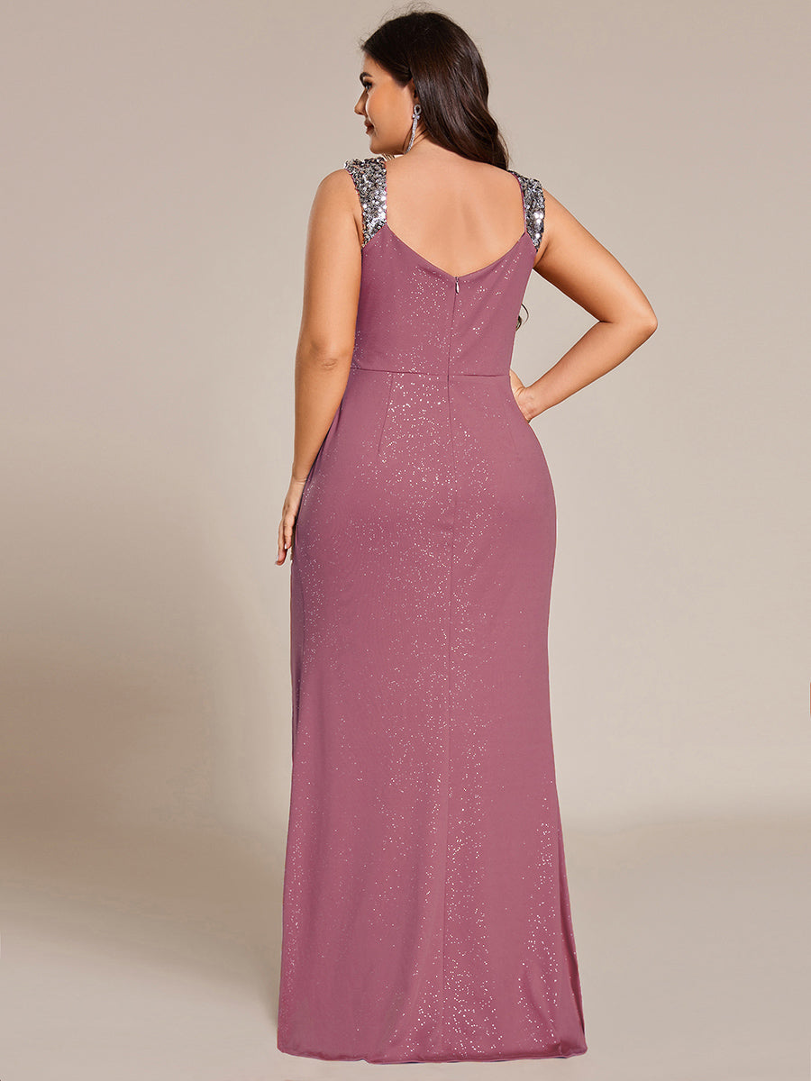 Plus Size Glitter V-Neck High Slit Sequin Shoulder Strap Evening Dress #color_Purple Orchid