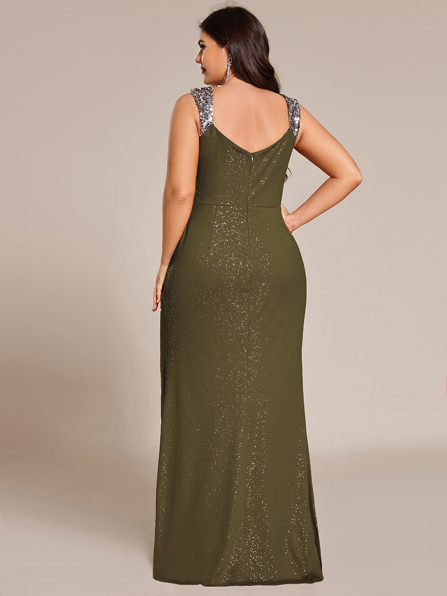 Plus Size Glitter V-Neck High Slit Sequin Shoulder Strap Evening Dress #color_Olive Green