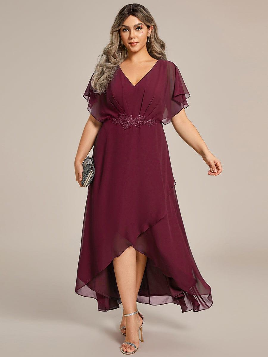 Elegant Short Sleeves A-Line Waist Applique Formal Dress with Lotus Leaf Hem #color_Burgundy