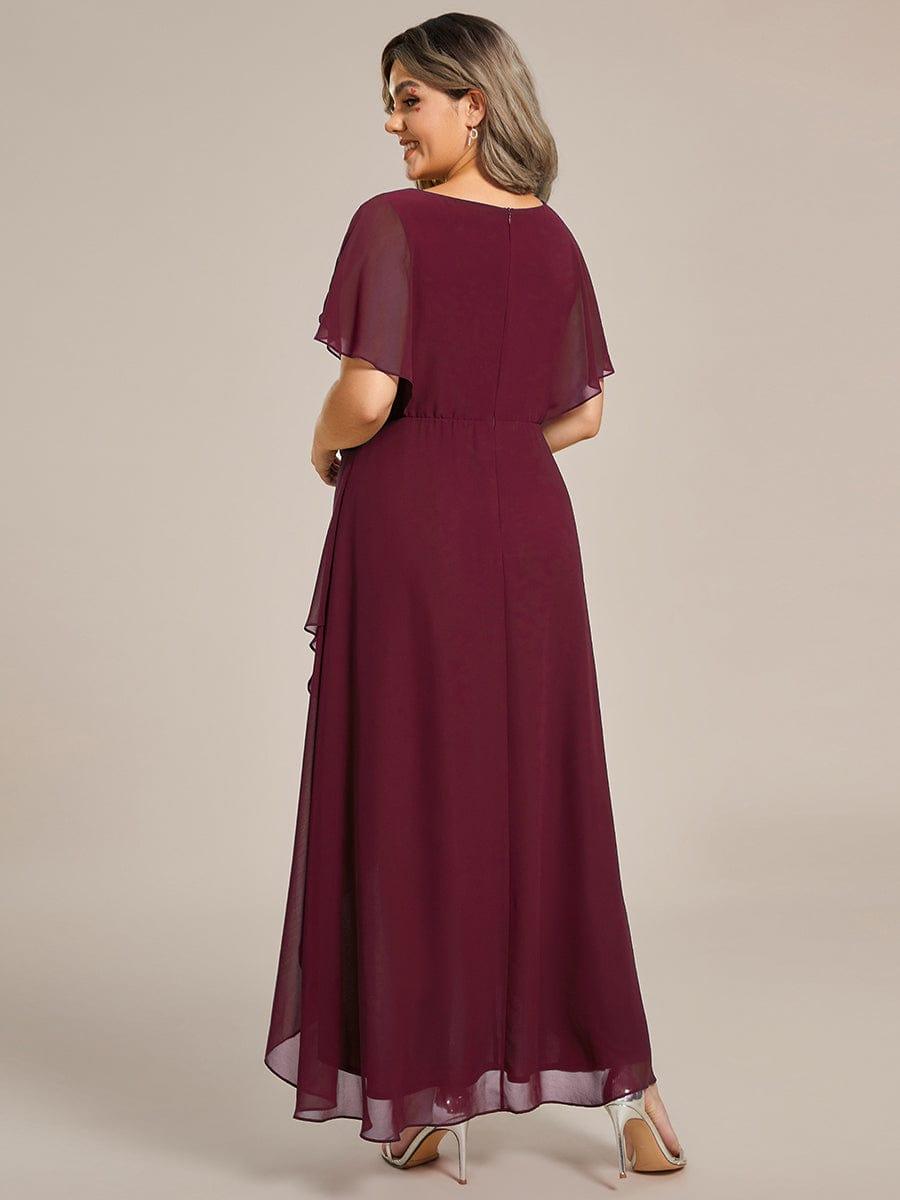 Elegant Short Sleeves A-Line Waist Applique Formal Dress with Lotus Leaf Hem #color_Burgundy