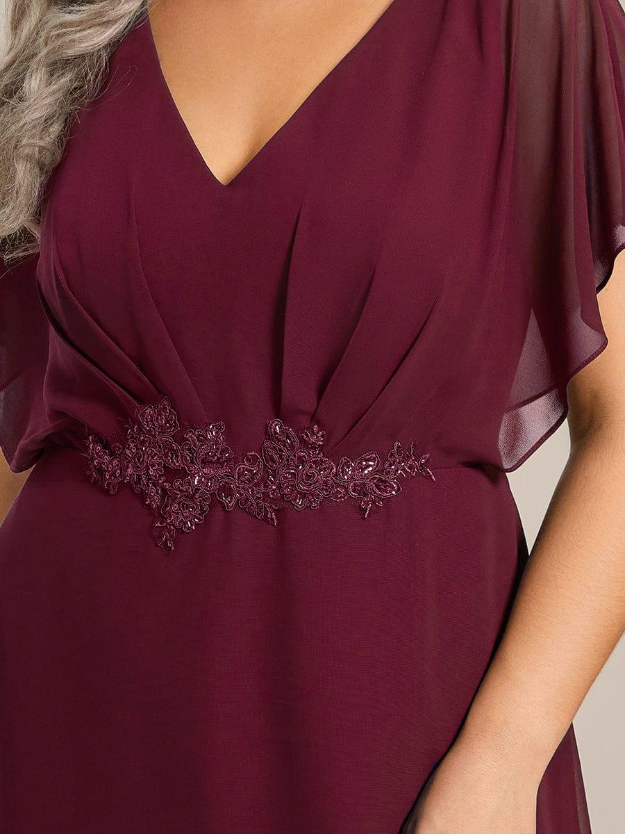 Elegant Short Sleeves A-Line Waist Applique Formal Dress with Lotus Leaf Hem #color_Burgundy