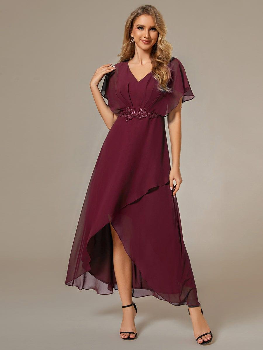 Elegant Short Sleeves A-Line Waist Applique Formal Dress with Lotus Leaf Hem #color_Burgundy
