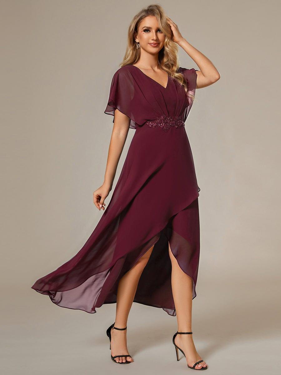 Elegant Short Sleeves A-Line Waist Applique Formal Dress with Lotus Leaf Hem #color_Burgundy