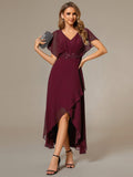 Elegant Short Sleeves A-Line Waist Applique Formal Dress with Lotus Leaf Hem #color_Burgundy