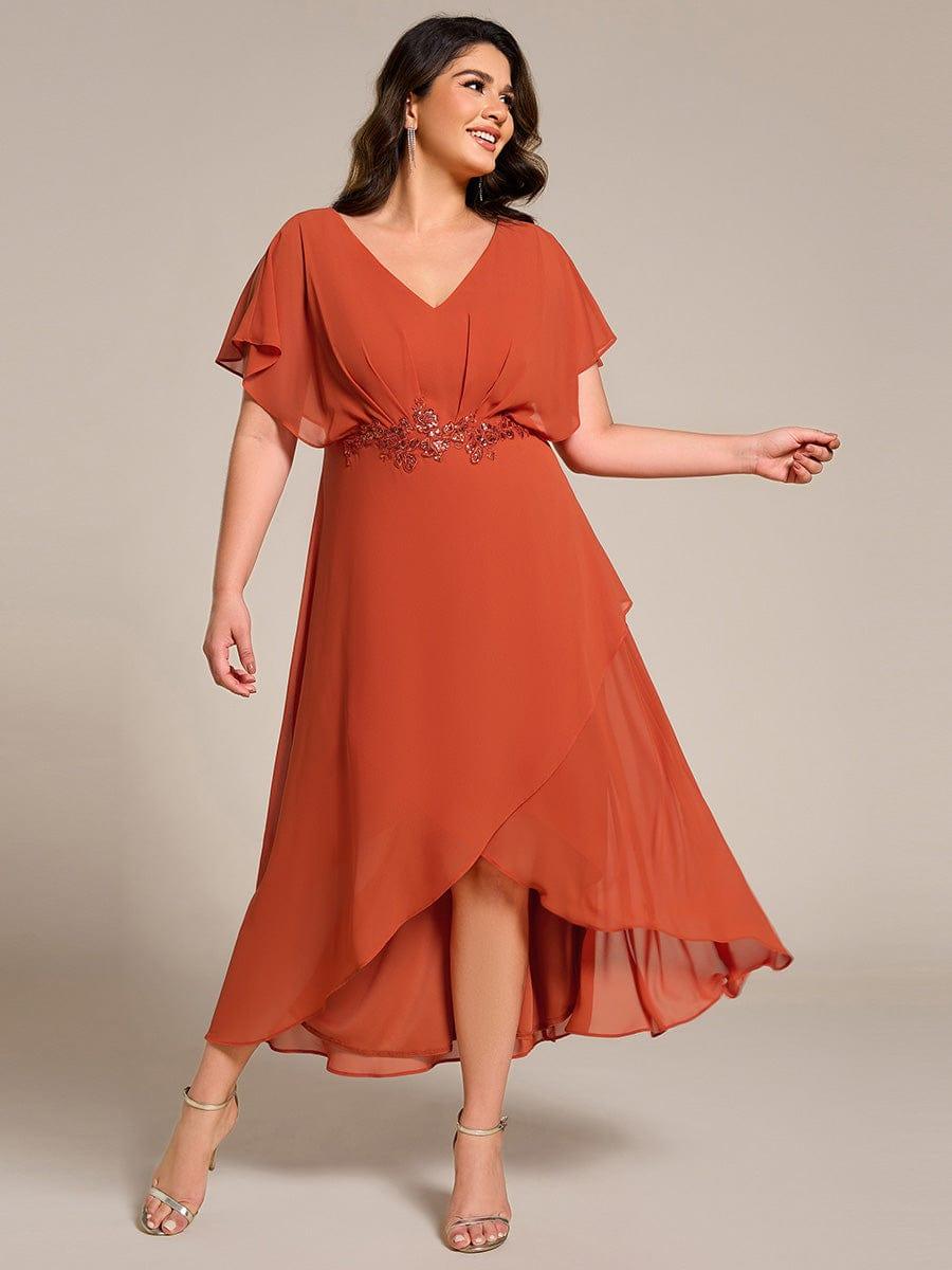 Elegant Short Sleeves A-Line Waist Applique Formal Dress with Lotus Leaf Hem #color_Burnt Orange