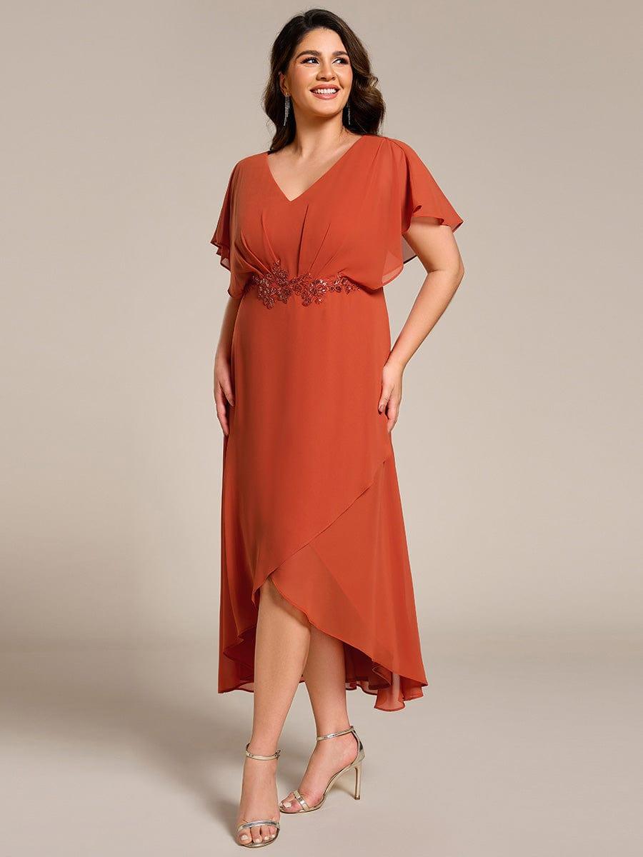 Elegant Short Sleeves A-Line Waist Applique Formal Dress with Lotus Leaf Hem #color_Burnt Orange