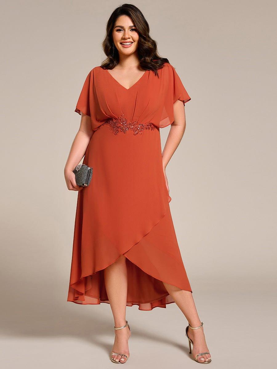 Elegant Short Sleeves A-Line Waist Applique Formal Dress with Lotus Leaf Hem #color_Burnt Orange