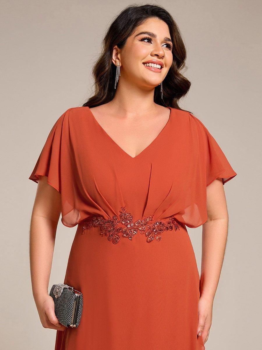 Elegant Short Sleeves A-Line Waist Applique Formal Dress with Lotus Leaf Hem #color_Burnt Orange
