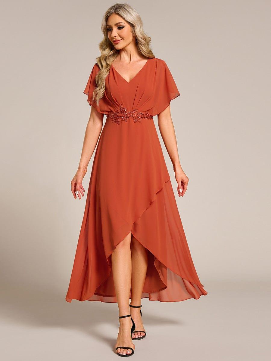 Elegant Short Sleeves A-Line Waist Applique Formal Dress with Lotus Leaf Hem #color_Burnt Orange