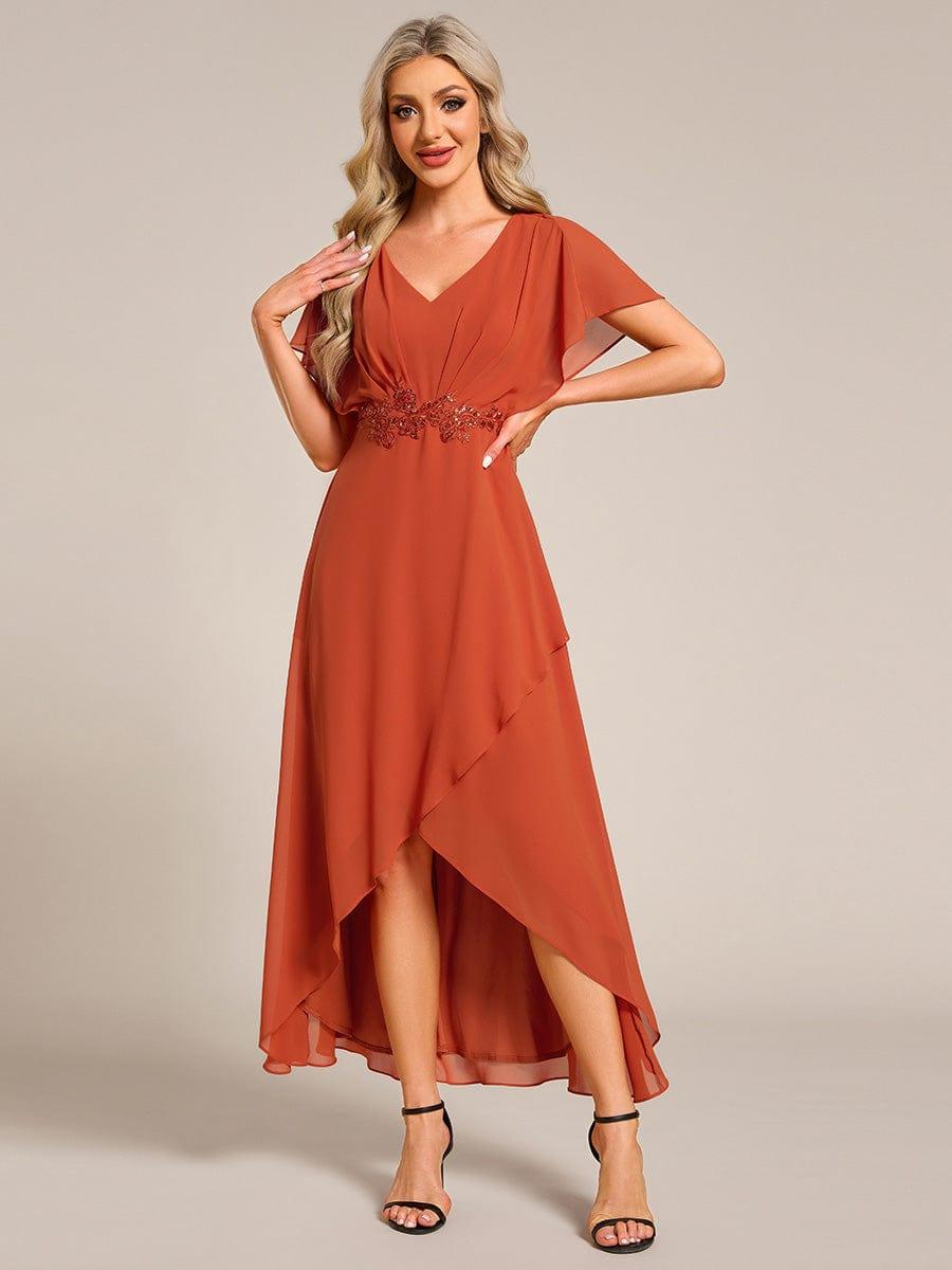 Elegant Short Sleeves A-Line Waist Applique Formal Dress with Lotus Leaf Hem #color_Burnt Orange