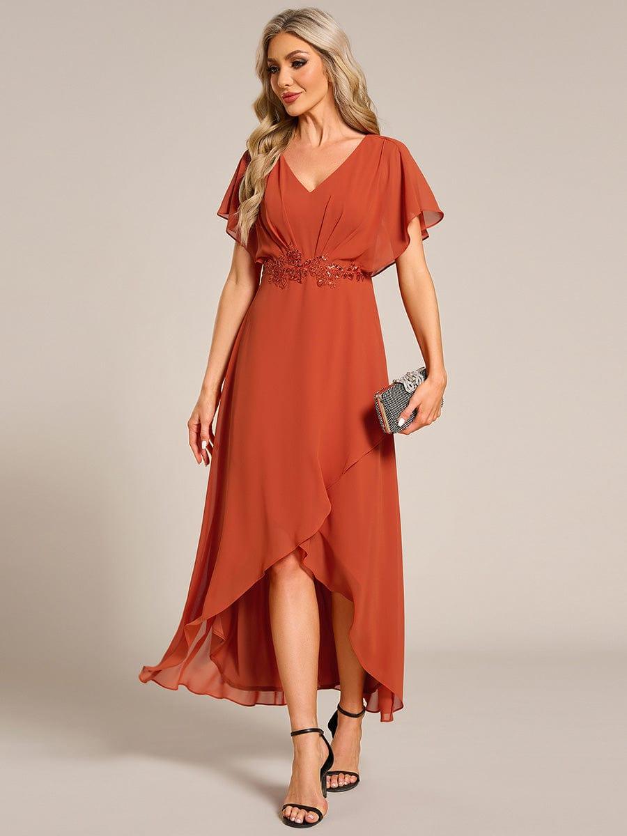 Elegant Short Sleeves A-Line Waist Applique Formal Dress with Lotus Leaf Hem #color_Burnt Orange