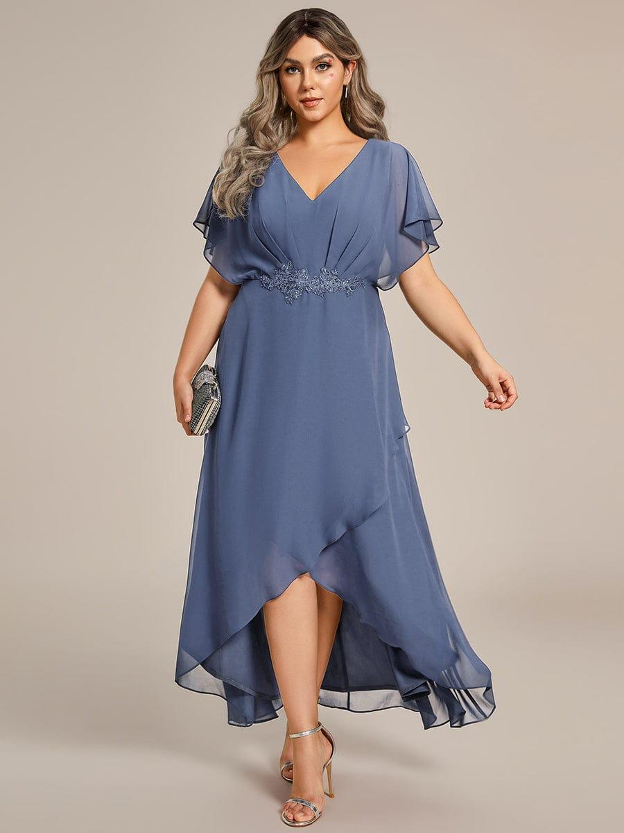 Elegant Short Sleeves A-Line Waist Applique Formal Dress with Lotus Leaf Hem #color_Dusty Blue