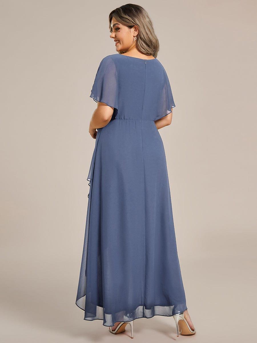 Elegant Short Sleeves A-Line Waist Applique Formal Dress with Lotus Leaf Hem #color_Dusty Blue