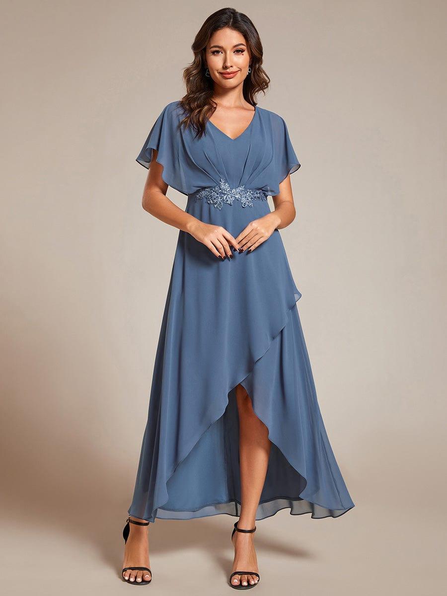 Elegant Short Sleeves A-Line Waist Applique Formal Dress with Lotus Leaf Hem #color_Dusty Blue
