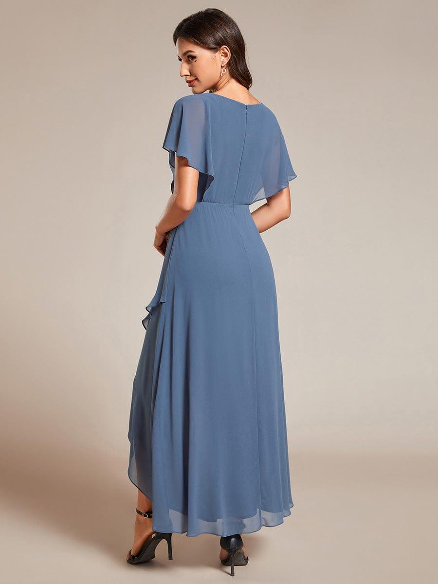 Elegant Short Sleeves A-Line Waist Applique Formal Dress with Lotus Leaf Hem #color_Dusty Blue