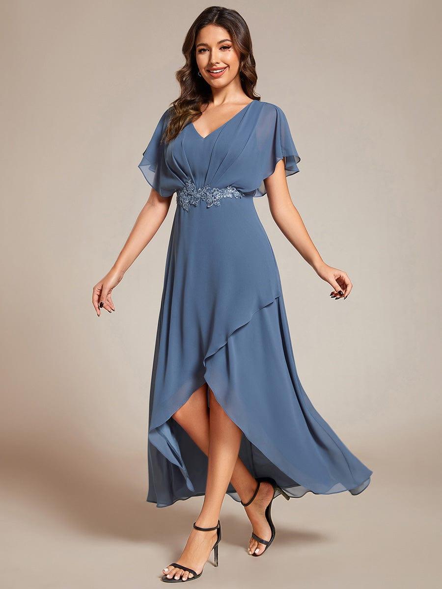 Elegant Short Sleeves A-Line Waist Applique Formal Dress with Lotus Leaf Hem #color_Dusty Blue