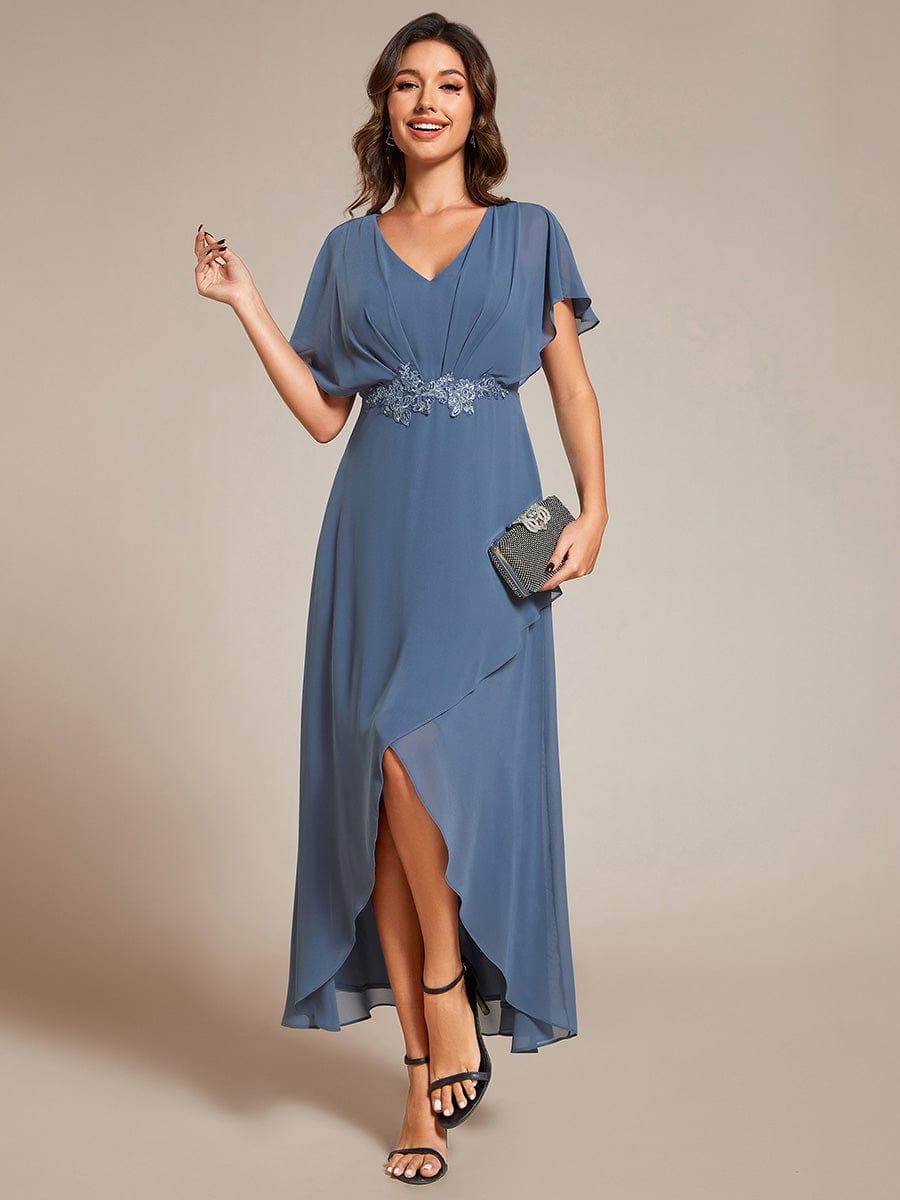 Elegant Short Sleeves A-Line Waist Applique Formal Dress with Lotus Leaf Hem #color_Dusty Blue