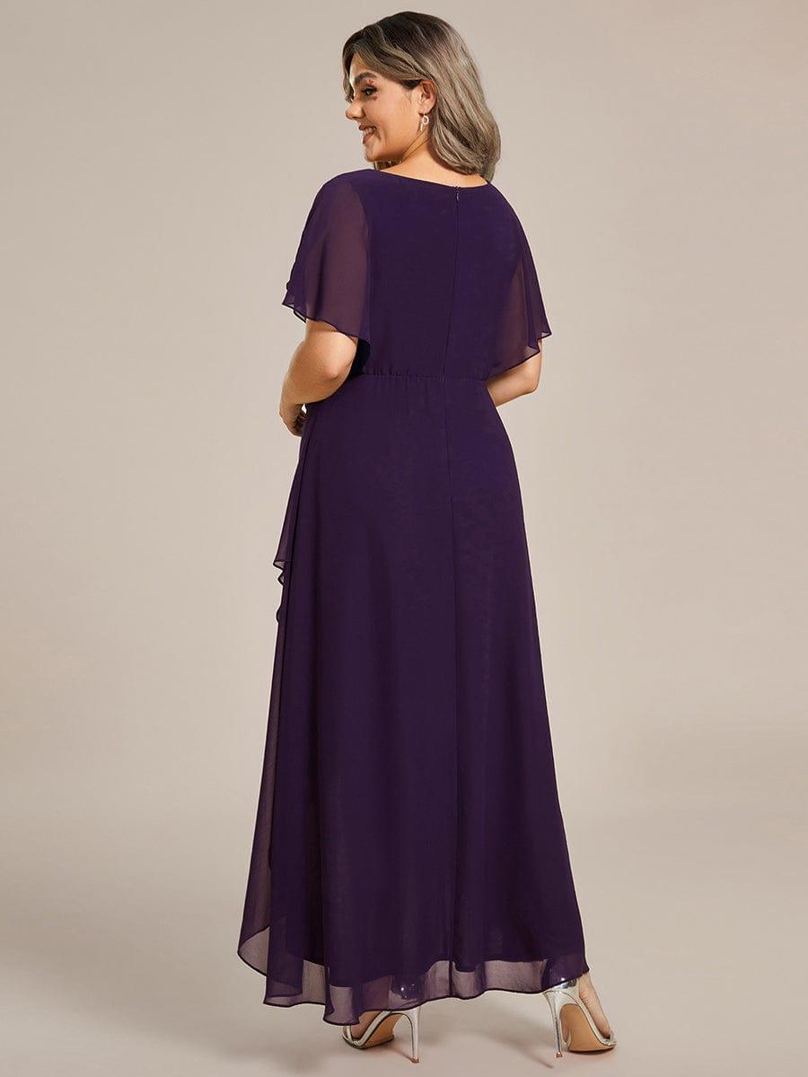 Elegant Short Sleeves A-Line Waist Applique Formal Dress with Lotus Leaf Hem #color_Dark Purple