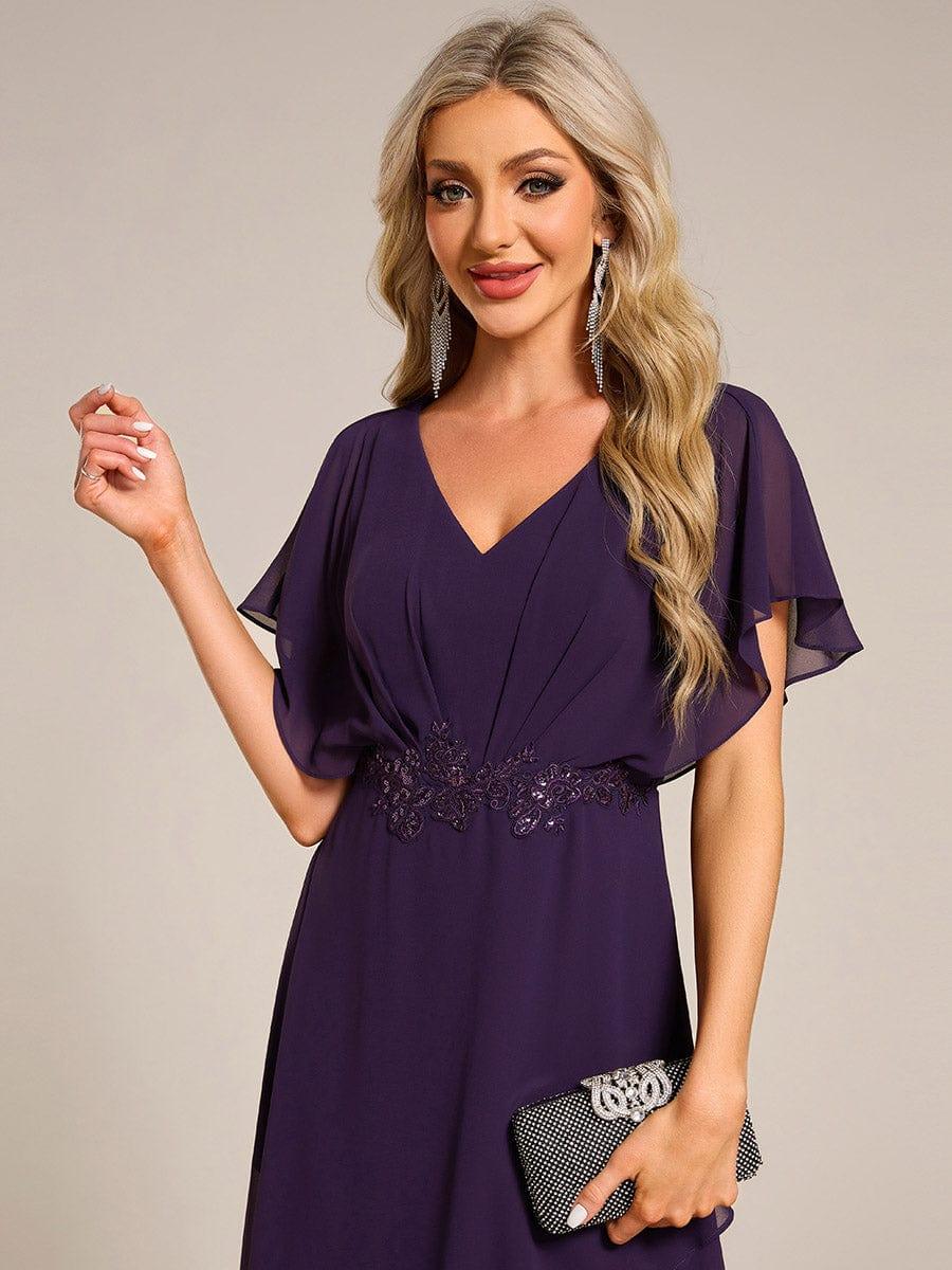 Elegant Short Sleeves A-Line Waist Applique Formal Dress with Lotus Leaf Hem #color_Dark Purple