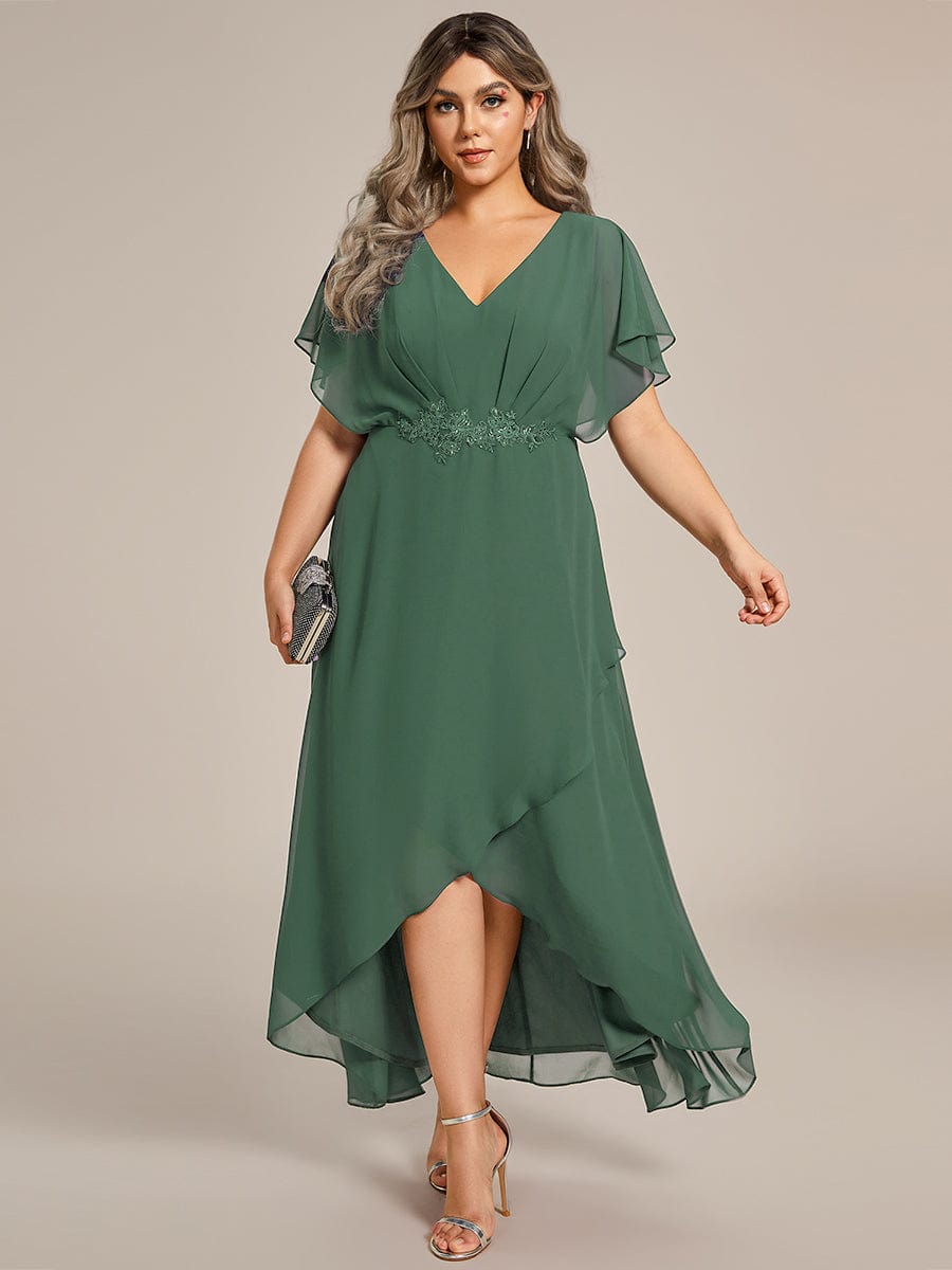 Elegant Short Sleeves A-Line Waist Applique Formal Dress with Lotus Leaf Hem #color_Eucalyptus