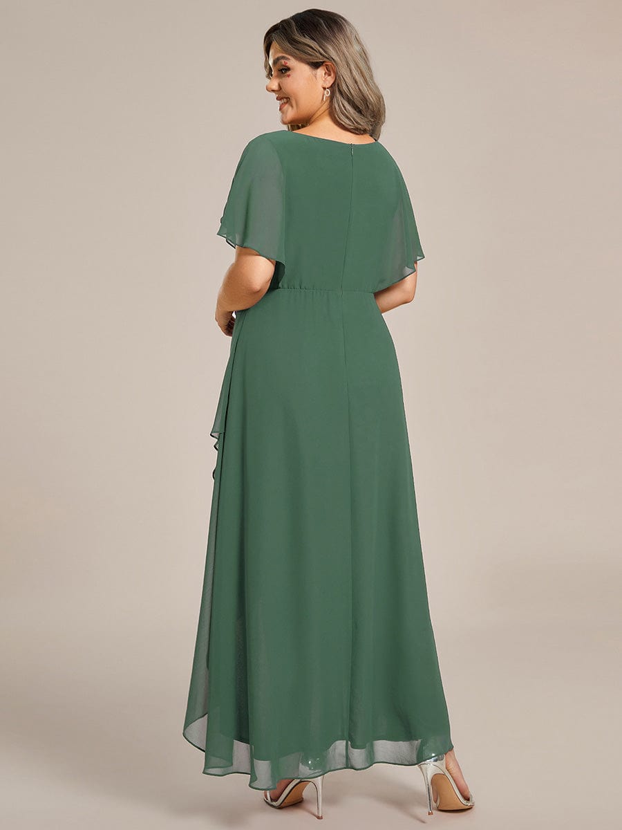 Elegant Short Sleeves A-Line Waist Applique Formal Dress with Lotus Leaf Hem #color_Eucalyptus