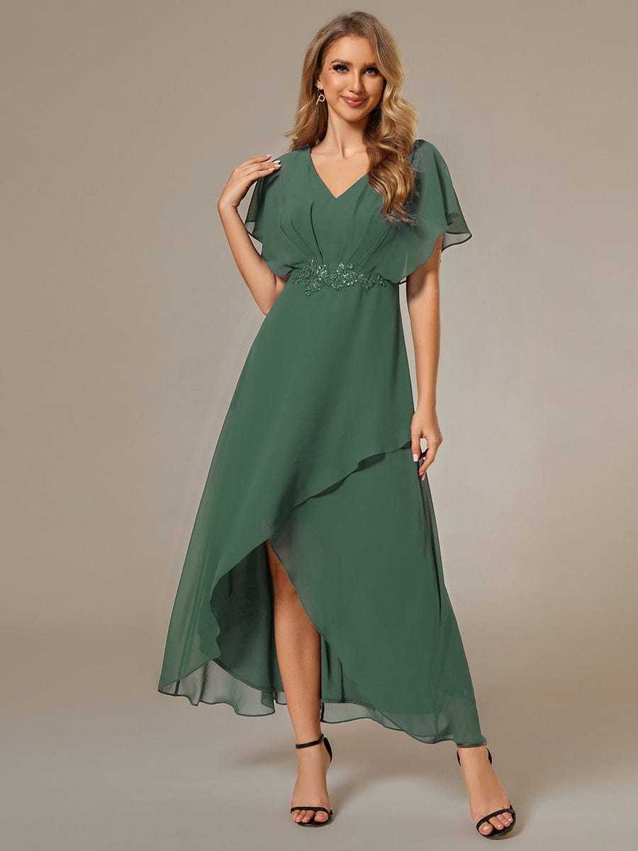 Elegant Short Sleeves A-Line Waist Applique Formal Dress with Lotus Leaf Hem #color_Eucalyptus