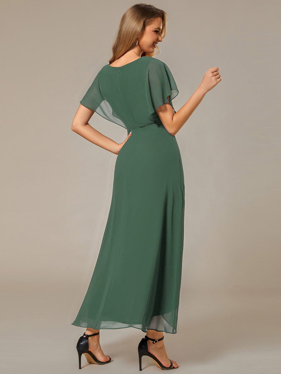 Elegant Short Sleeves A-Line Waist Applique Formal Dress with Lotus Leaf Hem #color_Eucalyptus