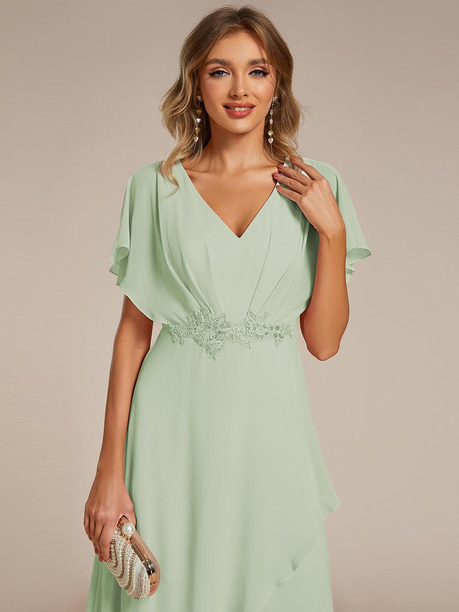 Elegant Short Sleeves A-Line Waist Applique Formal Dress with Lotus Leaf Hem #color_Mint Green