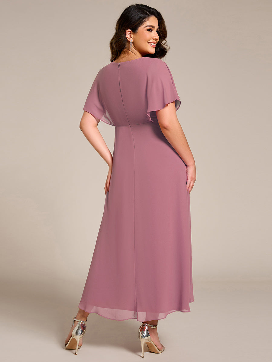 Elegant Short Sleeves A-Line Waist Applique Formal Dress with Lotus Leaf Hem #color_Purple Orchid