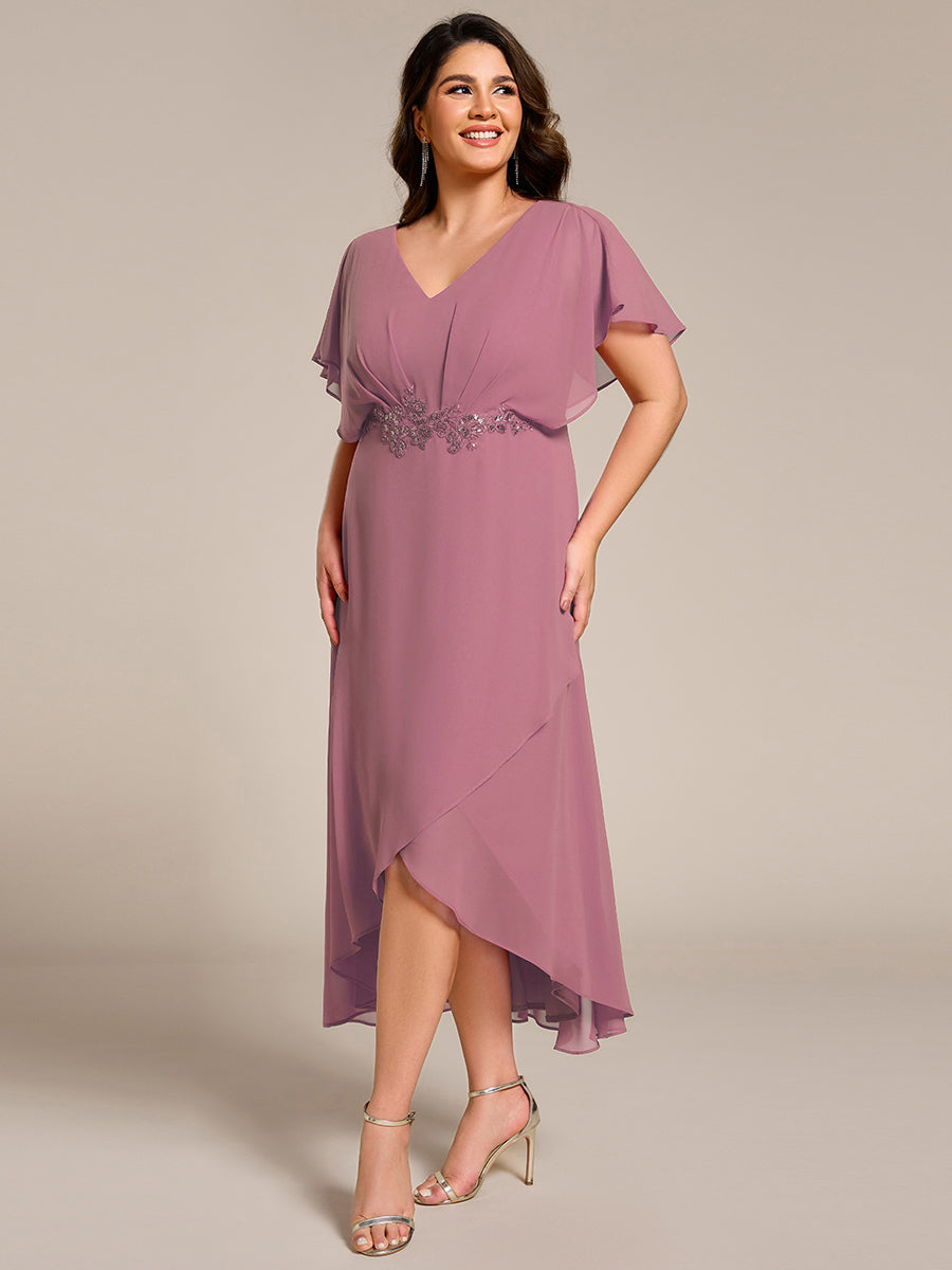 Elegant Short Sleeves A-Line Waist Applique Formal Dress with Lotus Leaf Hem #color_Purple Orchid
