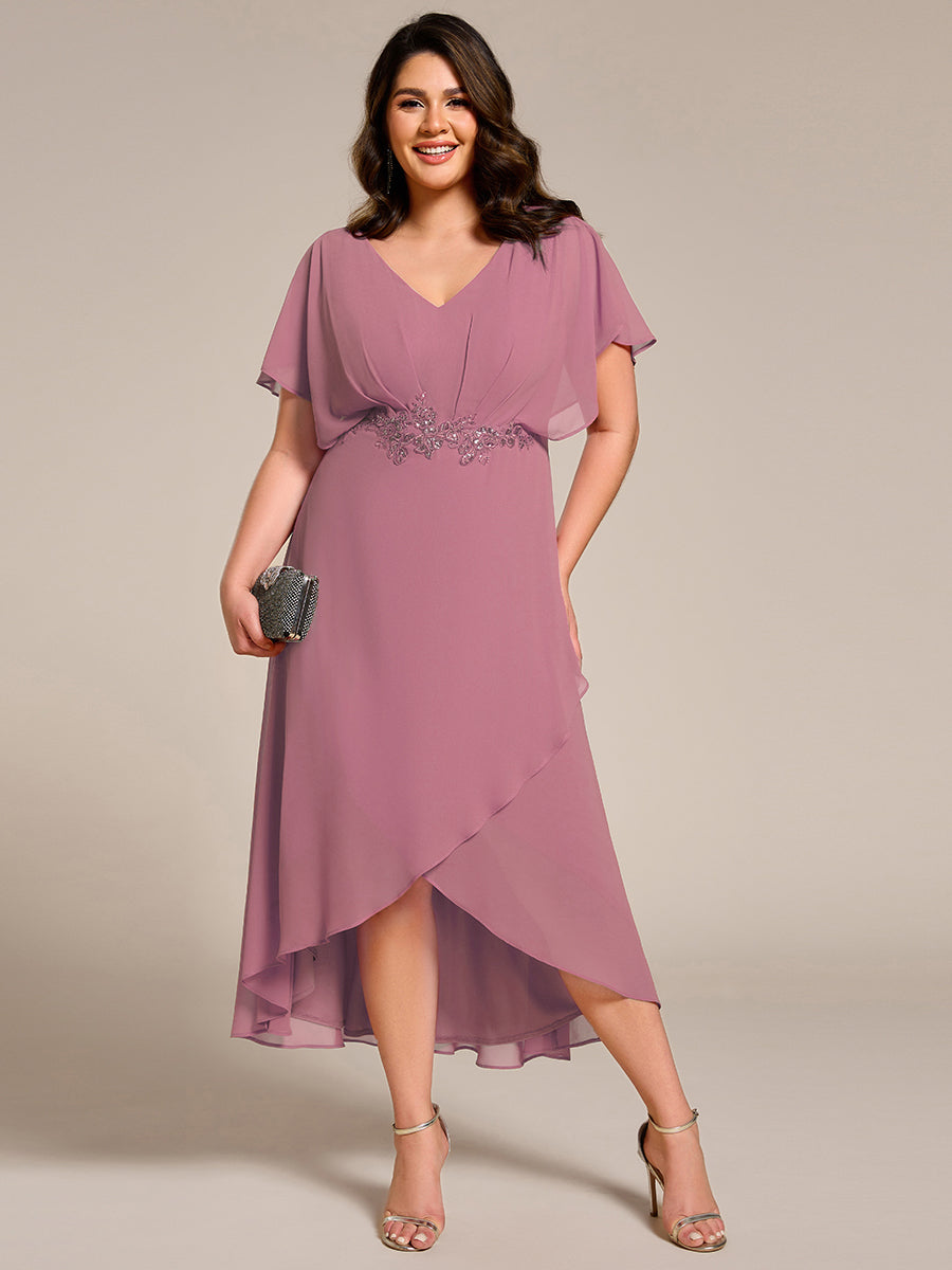 Elegant Short Sleeves A-Line Waist Applique Formal Dress with Lotus Leaf Hem #color_Purple Orchid