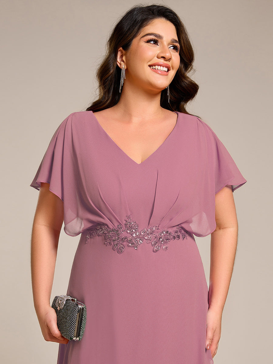 Elegant Short Sleeves A-Line Waist Applique Formal Dress with Lotus Leaf Hem #color_Purple Orchid