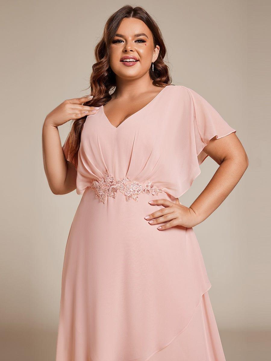 Elegant Short Sleeves A-Line Waist Applique Formal Dress with Lotus Leaf Hem #color_Pink