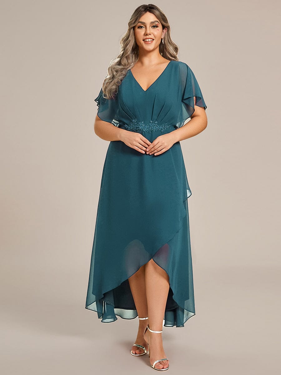 Elegant Short Sleeves A-Line Waist Applique Formal Dress with Lotus Leaf Hem #color_Teal