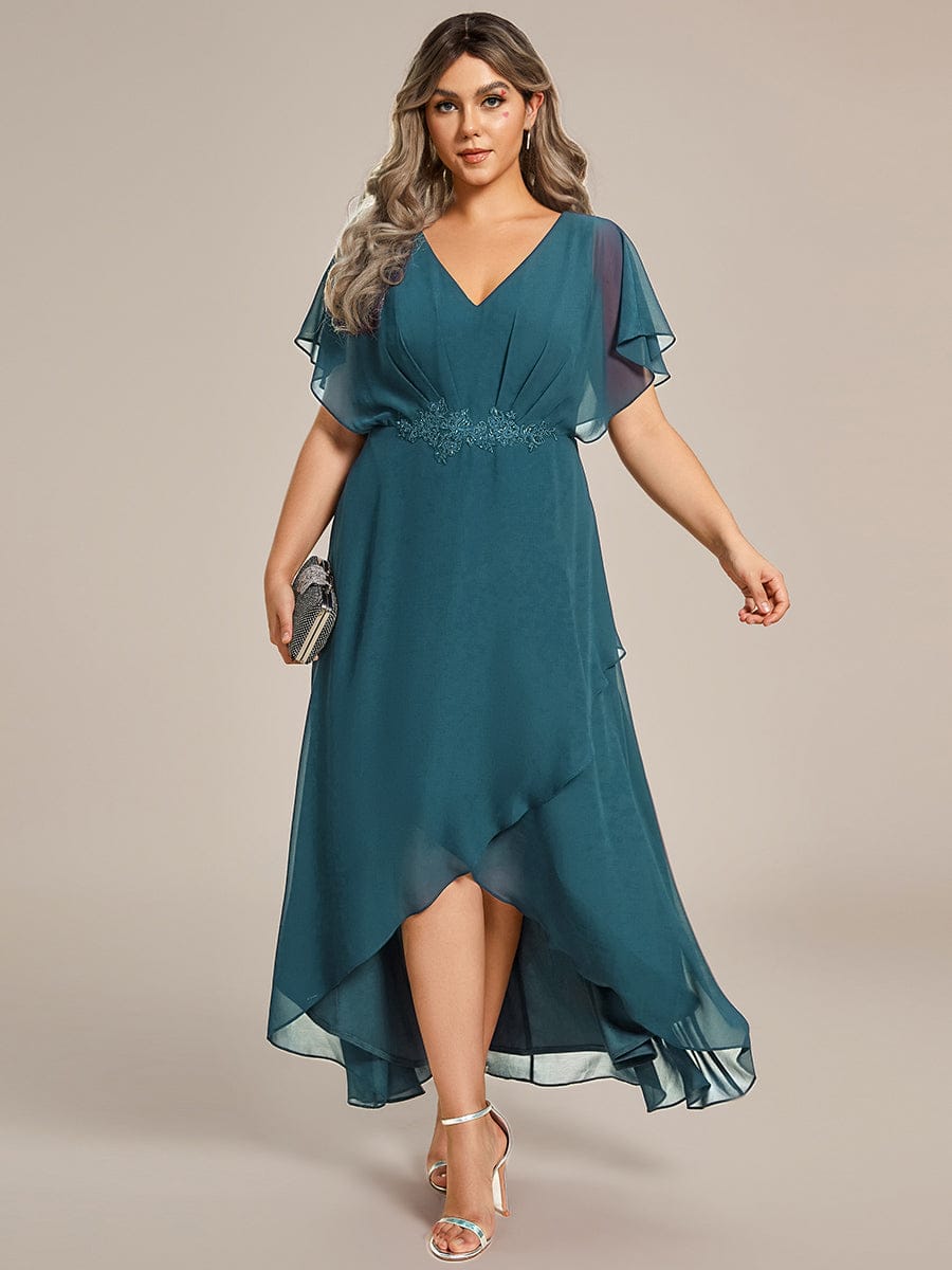 Elegant Short Sleeves A-Line Waist Applique Formal Dress with Lotus Leaf Hem #color_Teal